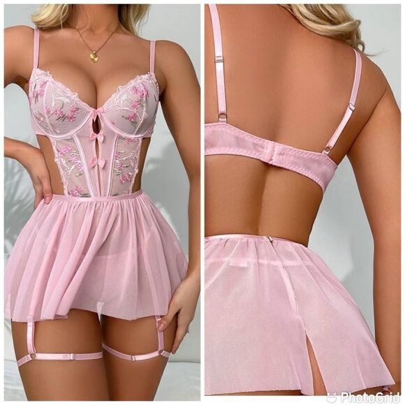 New Sexy Floral Embroidery Mesh Split Cut Out Lingerie Dress with G String - Picture 2 of 16